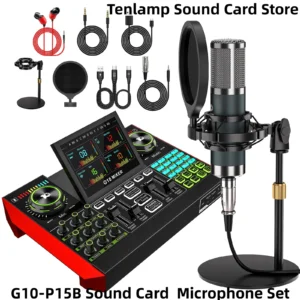 Tenlamp G10-P15 Mic Mixer Set Podcast Influencer KOL Singing Gaming DJ Mixing Station Controller Equipment Studio Professional Recording Electronic Music Power Conditioner Karaoke Machine Available Dynamic Condenser Microphone Portable Microfono