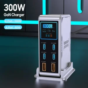 300W USB C Charger,6 Ports USB Charging Station,GaN 100W PD Laptop Fast Charger Adapter Desktop Charger Station with LCD Display for MacBook iPad iPhone Samsung